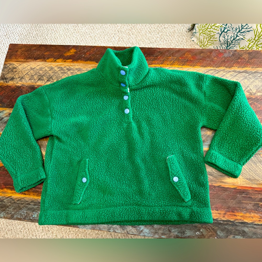 J.Crew Green Pullover Faux Fur Sweater Sweatshirt Quarter Blue Snap Up Size XL
